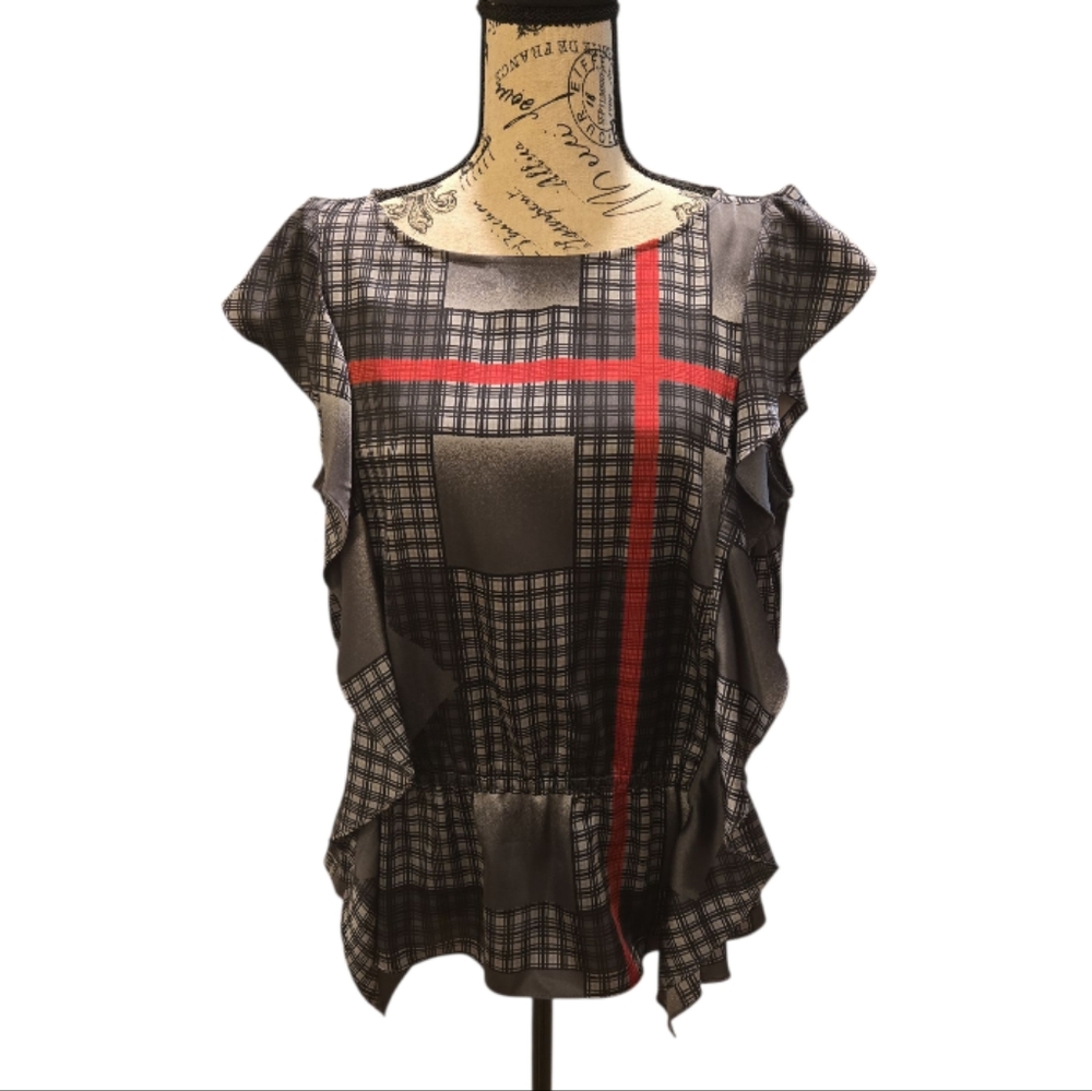 Nine West Graphic Ruffled Cap Sleeve Blouse in Black and Red